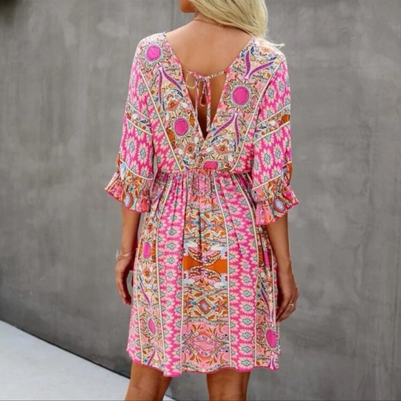 New Plunge V Neck Boho Print Mini Dress Pink Open Tie Back Coverup - Picture 3 of 8